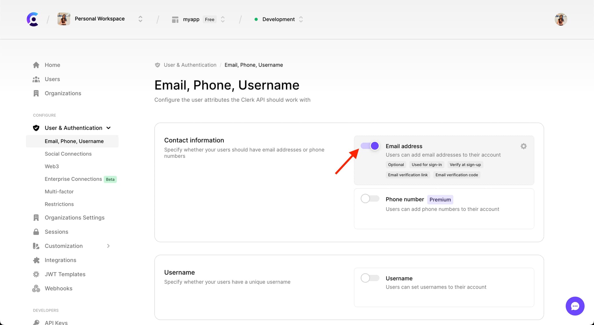 The 'Email, Phone, Username' tab with an arrow pointing to the toggle next to 'Email address', toggled on.