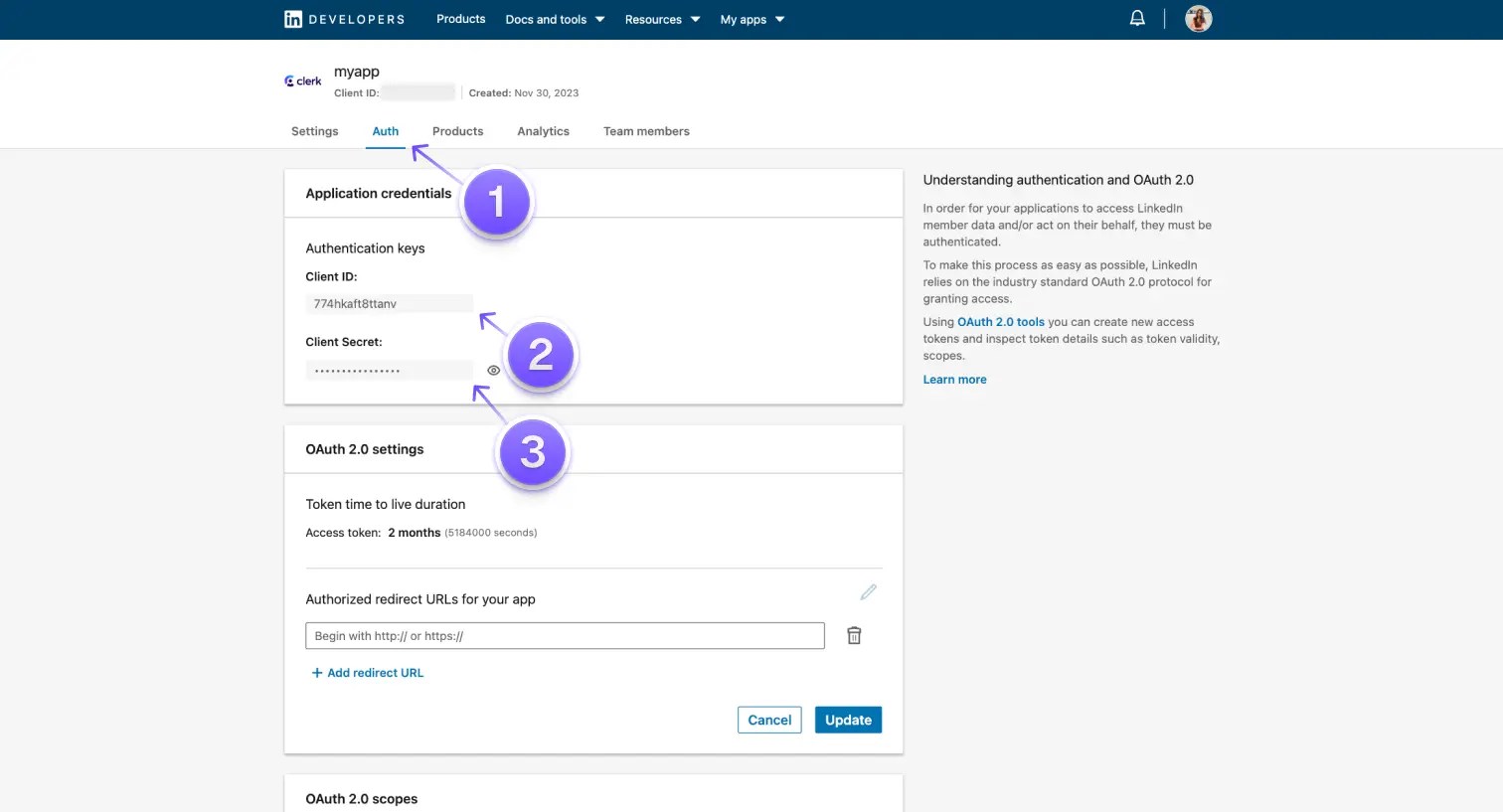 The 'Auth' tab in the Linkedin Developer dashboard for a user's application. There are arrows pointing to the 'Client ID' and 'Client Secret' values.