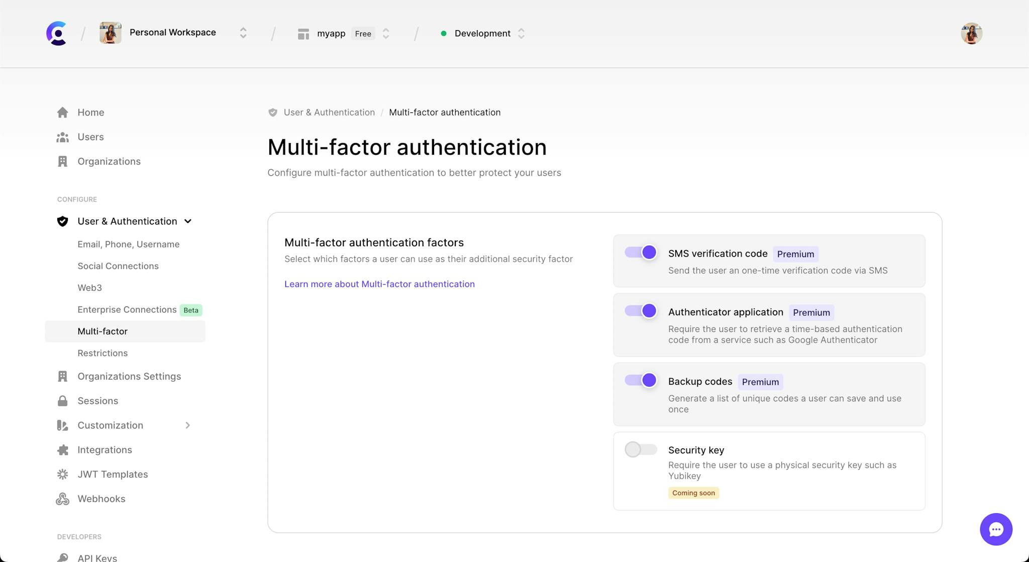 The 'Multi-factor authentication' tab under the 'User & Authentication' section of the Clerk Dashboard.