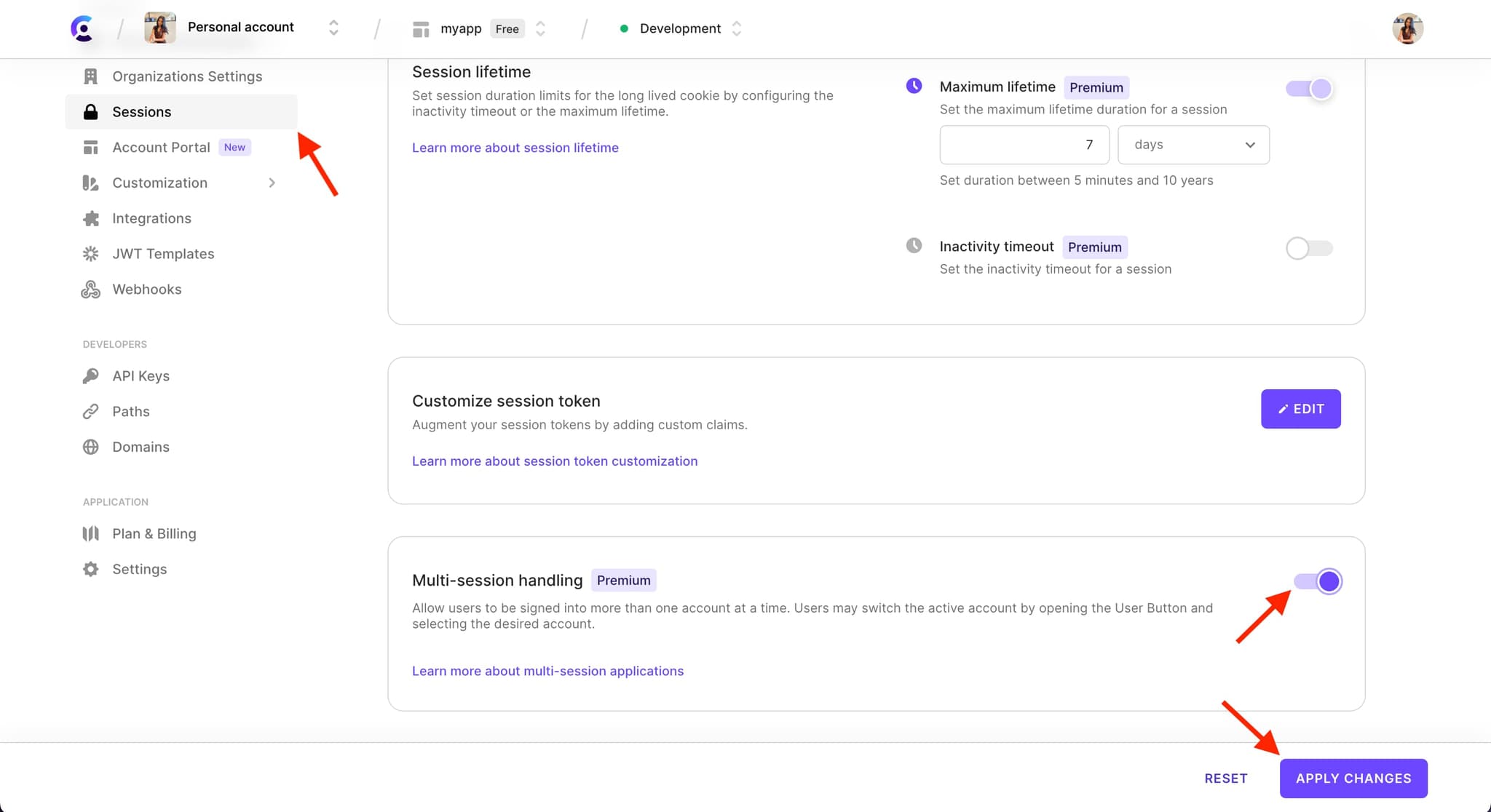 The Sessions page in the Clerk Dashboard. A red arrow points to the active Sessions tab. On this page, a red arrow points to the Multi-session handling toggle, which is toggled on. There is also a red arrow pointing to the 'Apply changes' button.