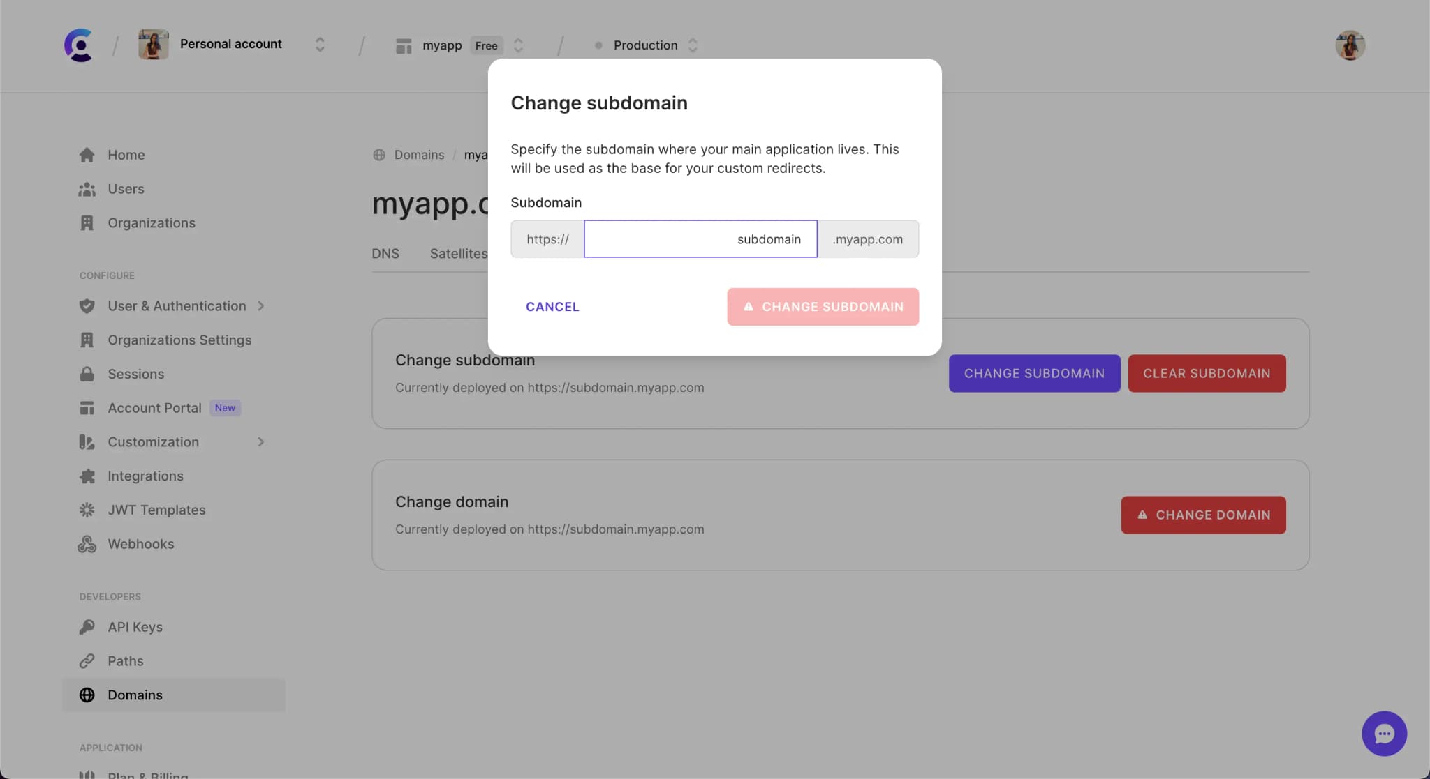 The 'Change subdomain' modal in the Clerk Dashboard.